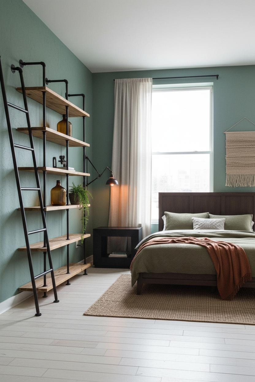 Industrial Chic Bedroom Steel Shelving Sage Walls