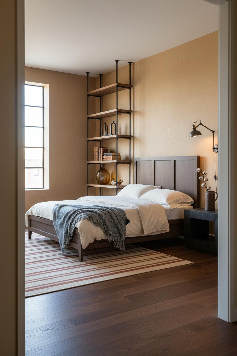 Industrial Chic Bedroom Steel Shelving Window Light