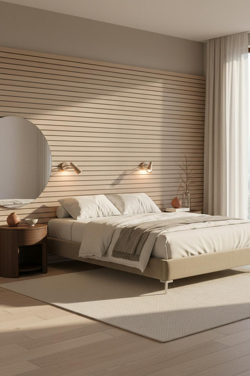 Japandi Bedroom Design Slatted Wood Wall