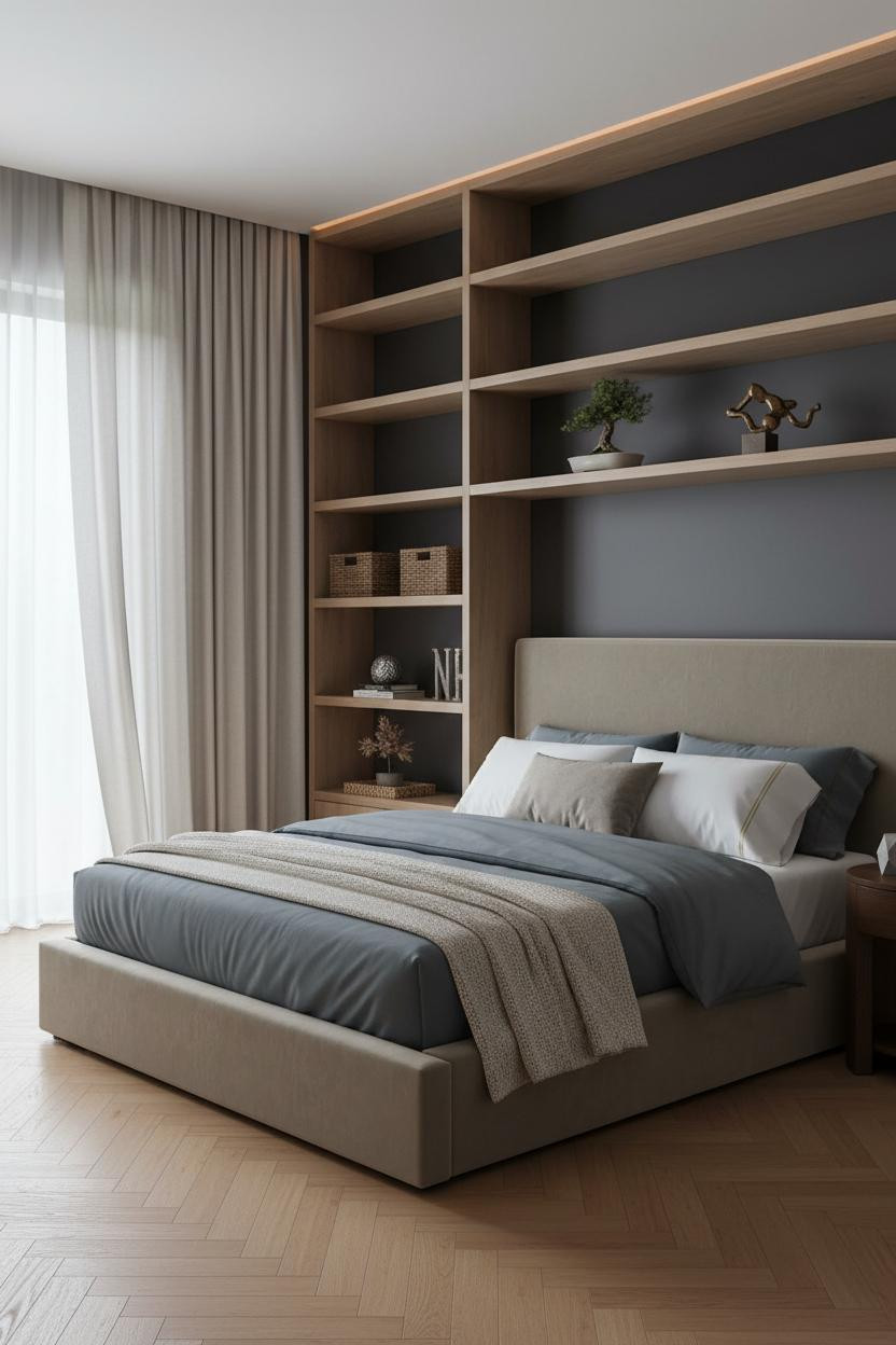 Japandi Bedroom Design Wood Shelving Charcoal