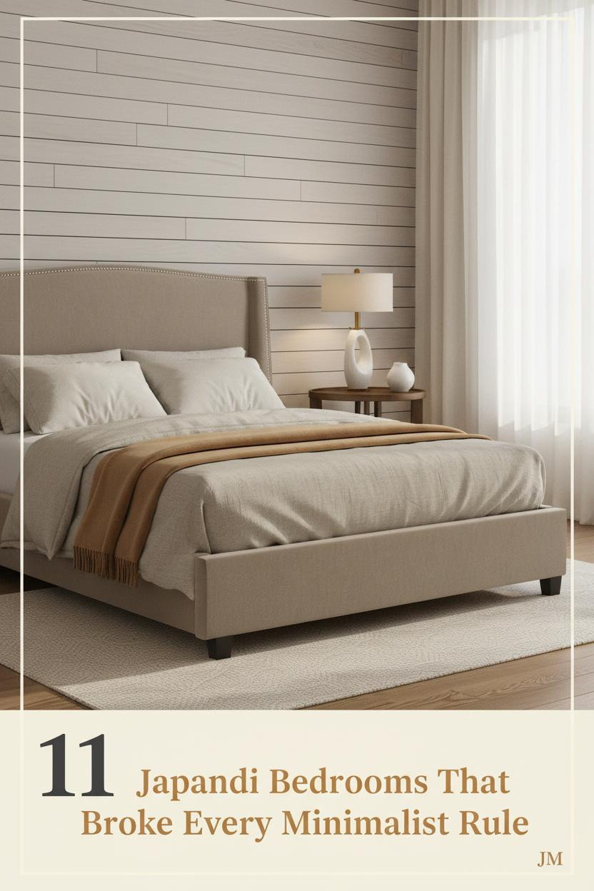 Japandi bedroom with pale ash slatted accent wall, warm oak floors, oatmeal linen duvet, camel wool throw, and ivory curtains filtering soft afternoon light