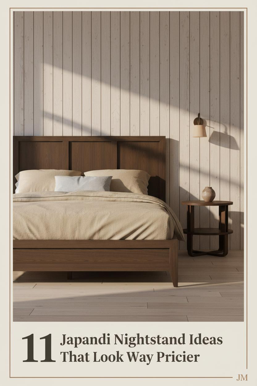 Japandi bedroom with pale ash slat headboard, bleached oak floors, oat linen bedding, low wood nightstand, matte clay vessel, and warm sconce light