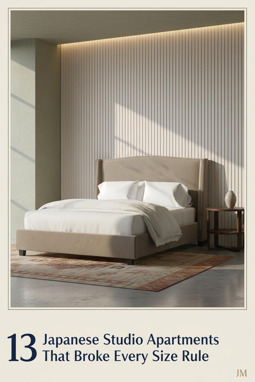 Minimal Japanese studio apartment with low platform bed, ash fluted wall panel, moss plaster walls, concrete floor, and warm cove lighting