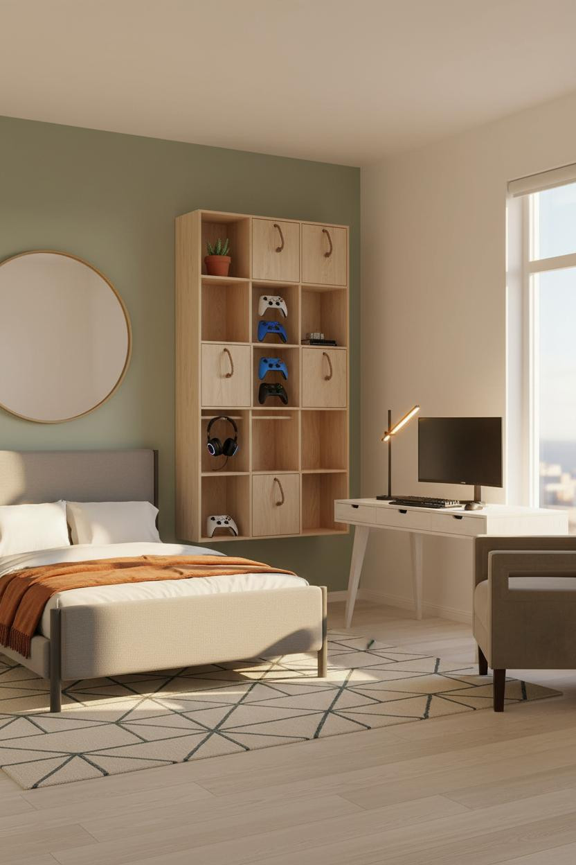 Kids Gamer Bedroom Sage Green Cubby Shelving