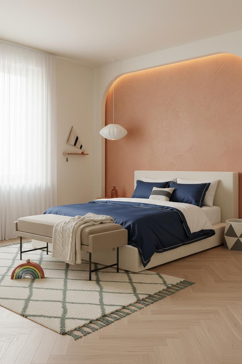 Kids Room Design Apricot Accent Wall Natural Oak