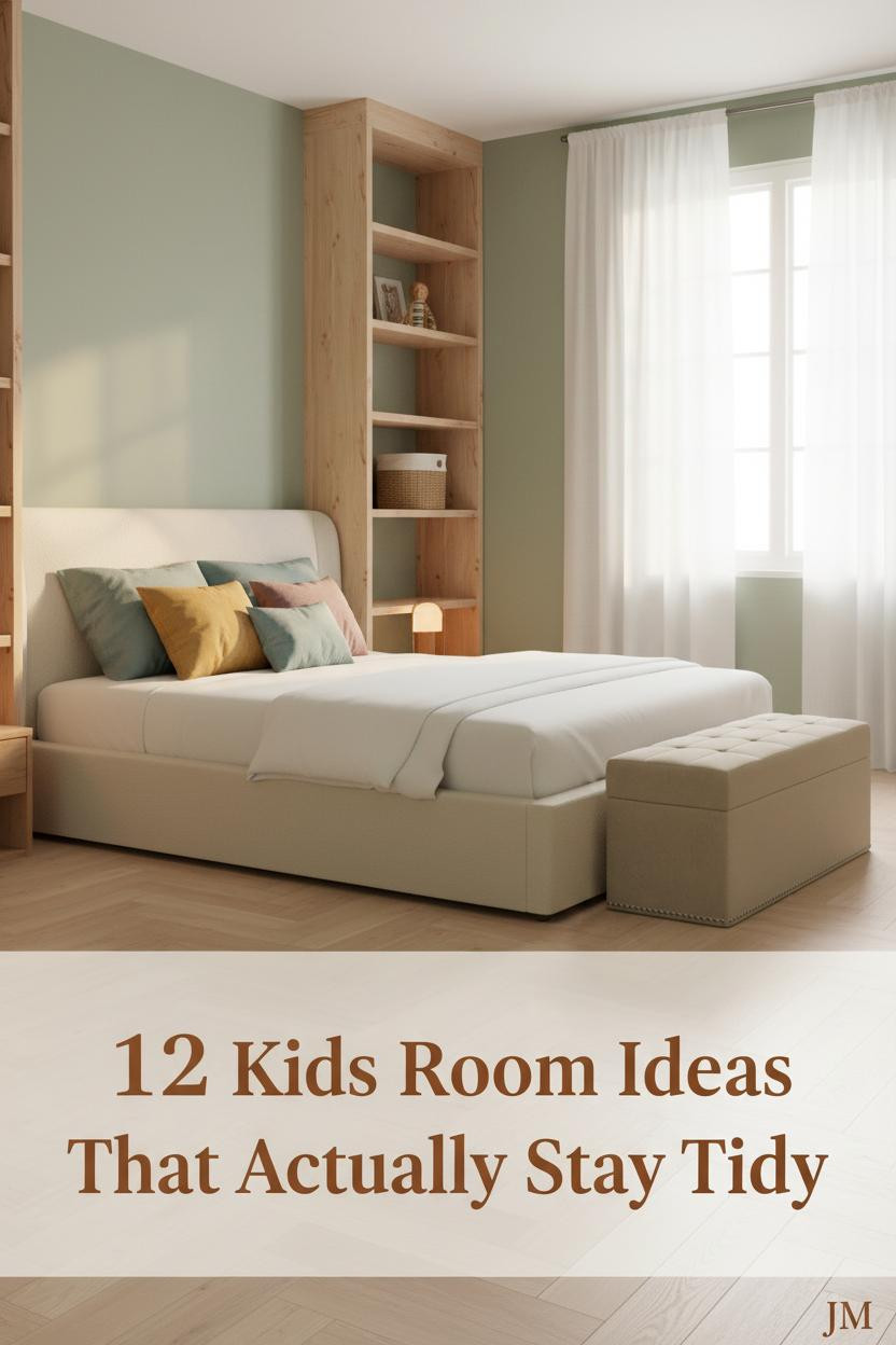 Calm kids bedroom with sage walls, natural pine shelving, pale oak herringbone floor, colorful pillows, and soft afternoon light