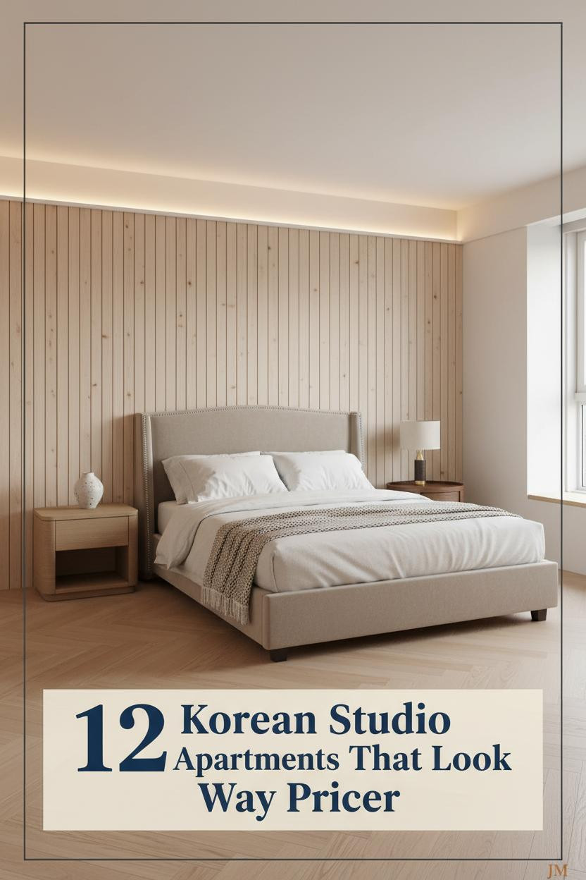 Korean minimalist studio with pale birch slatted wall, low-profile bed, white linen bedding, oak herringbone floors, and warm cove lighting
