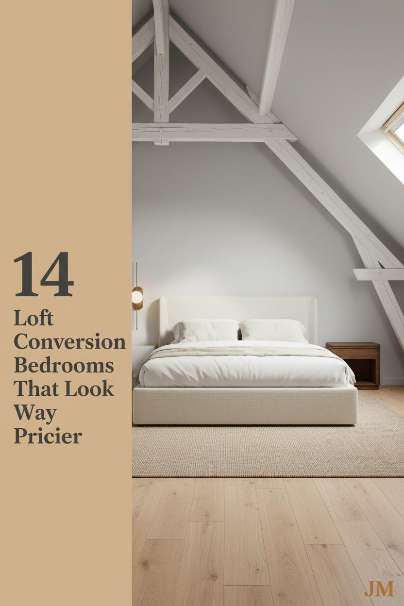 Loft conversion bedroom with whitewashed timber collar ties, dove-grey walls, cream linen bedding, and warm dormer window light on oak floors
