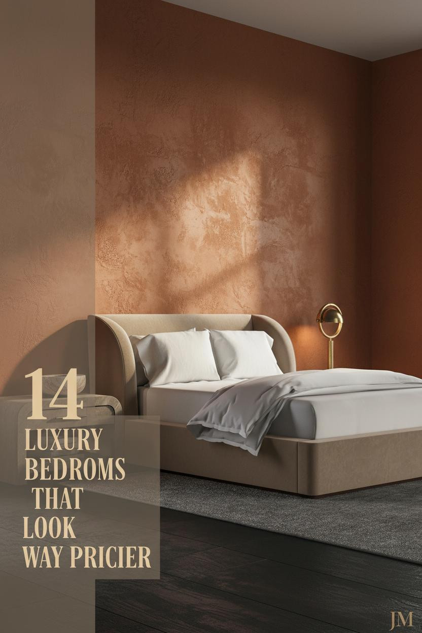 Luxury bedroom with deep rust-ochre Venetian plaster walls, dark hardwood floors, ivory linen bedding, and warm brass floor lamp lighting