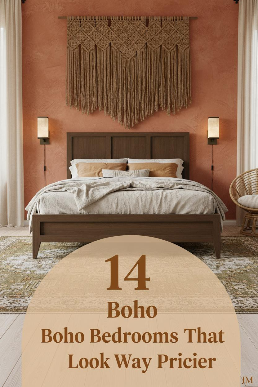 Luxury boho bedroom with terracotta limewash wall, cream ochre linen bedding, brass sconces, rattan chair, and layered vintage rug on bleached oak floors