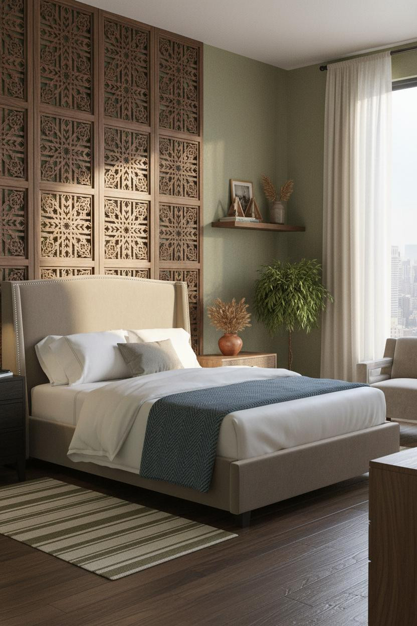 Luxury Boho Bedroom Walnut Screen