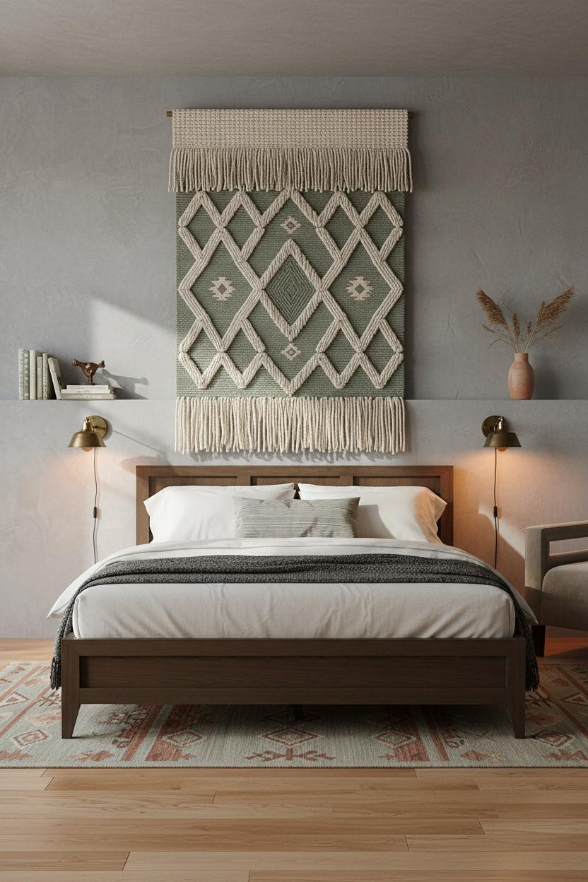 Luxury Boho Bedroom Woven Wall Hanging Maple Flooring