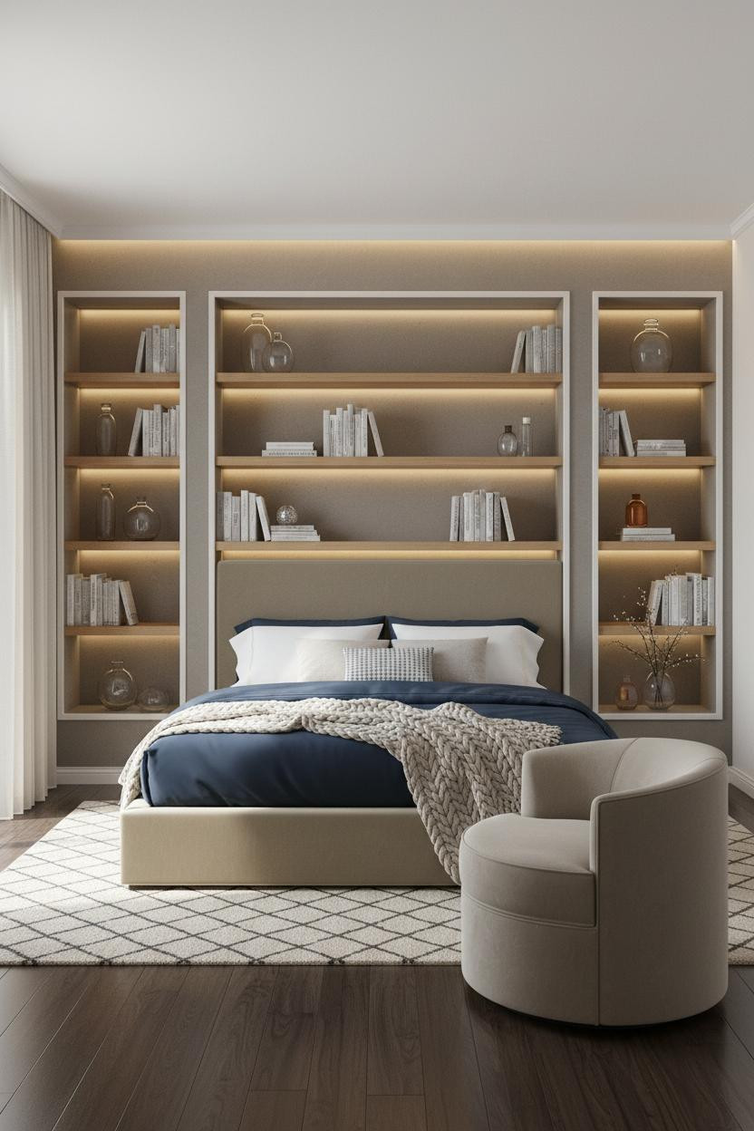 Master Bedroom Built In Bookshelf Coastal