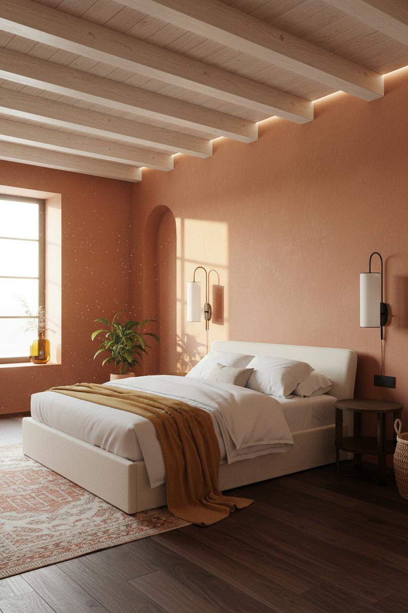 Master Bedroom Exposed Beams Terracotta Walls