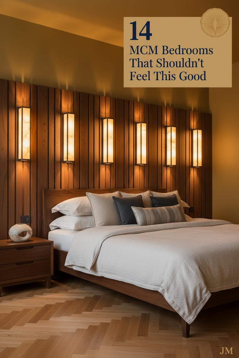 Mid-century modern bedroom with walnut slat wall, mustard gold tones, maple herringbone floor, boucle pillows, and amber sconce lighting