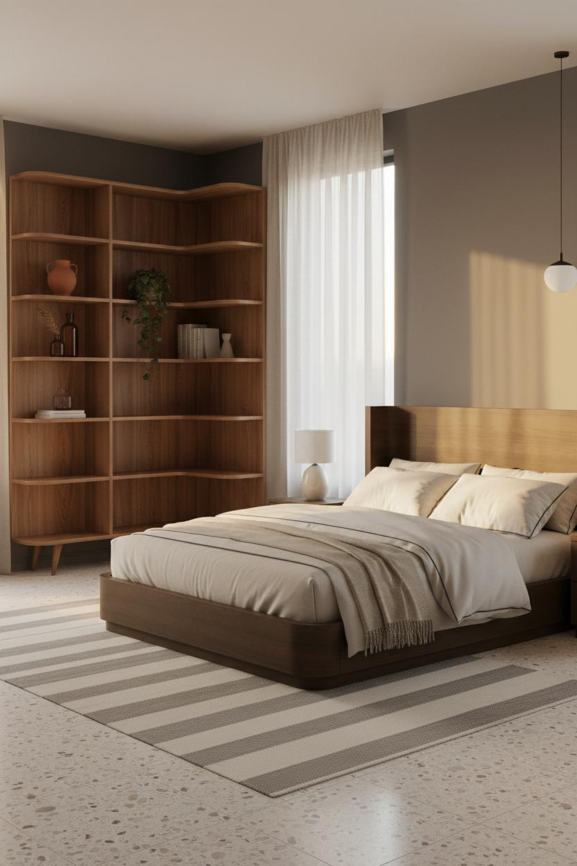 MCM Bedroom Walnut Shelving Terrazzo