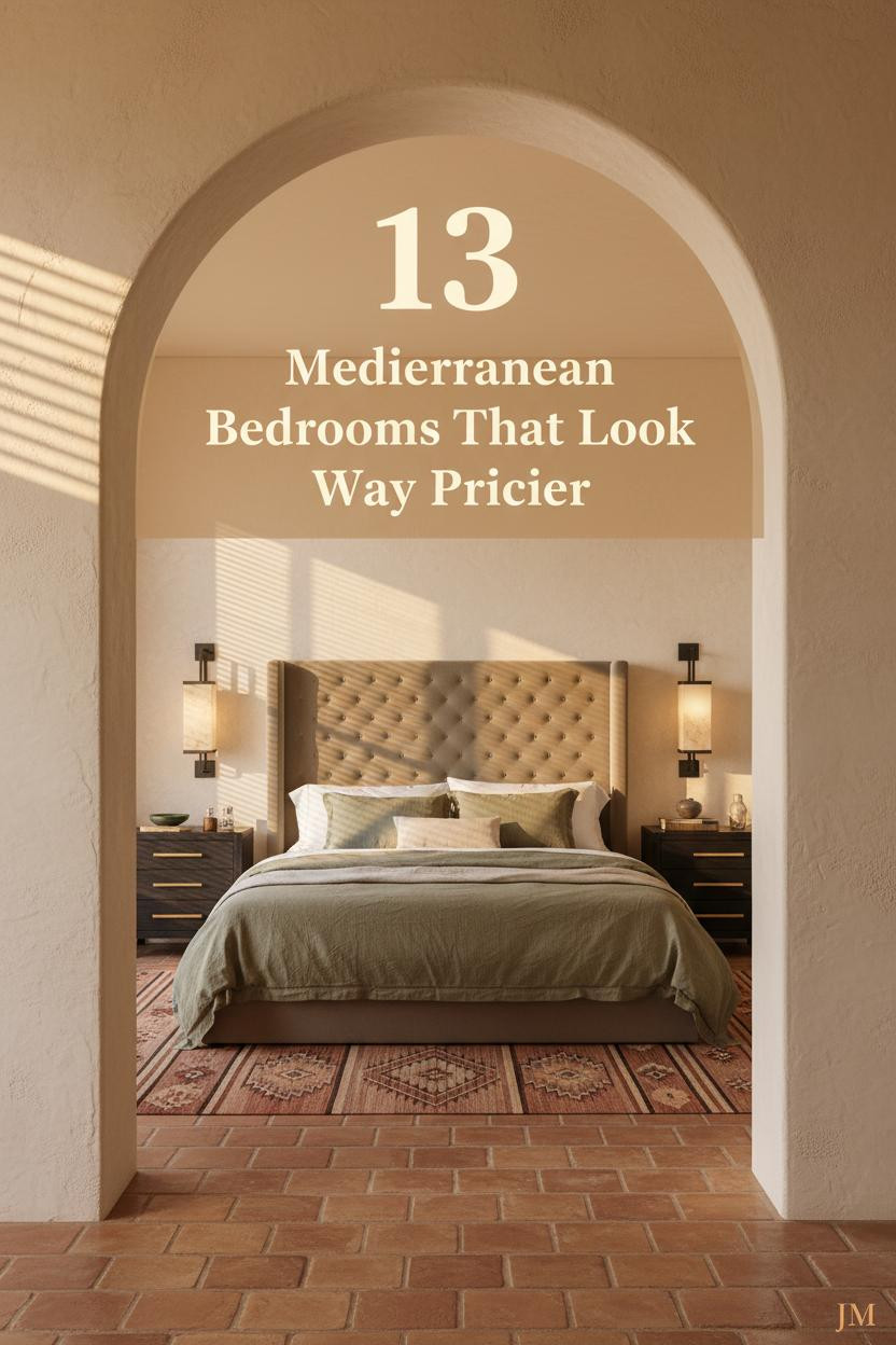Warm cream lime-plastered Mediterranean bedroom with terracotta tile floors, dusty linen bedding, kilim rug, and hammered iron sconces flanking a full plaster arch