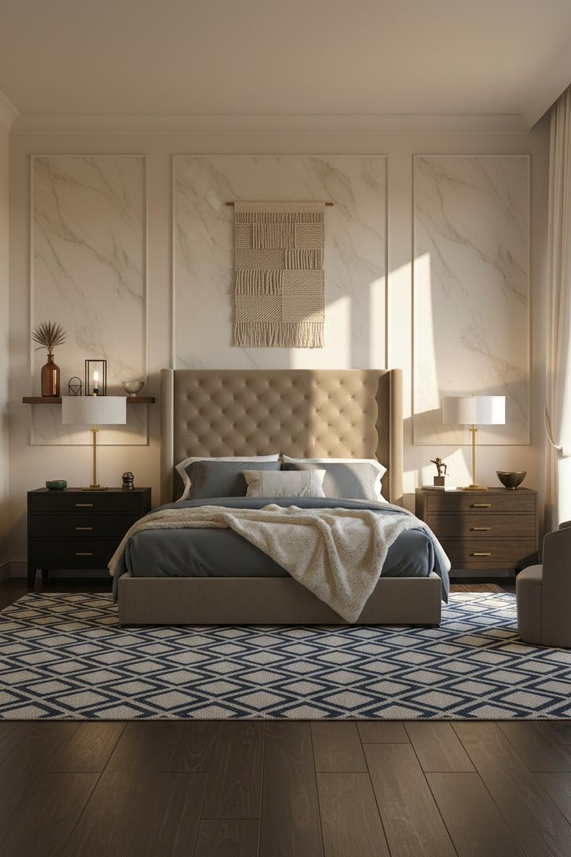 Mediterranean Bedroom Marble Plaster Indigo Rug