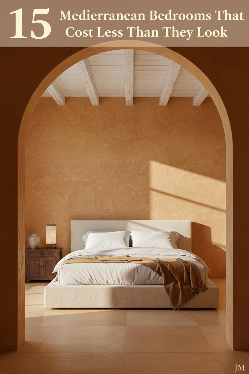 Mediterranean bedroom with ochre plaster walls, whitewashed timber beams, ivory linen bedding, camel throw, and antique brass lamp on carved wood nightstand