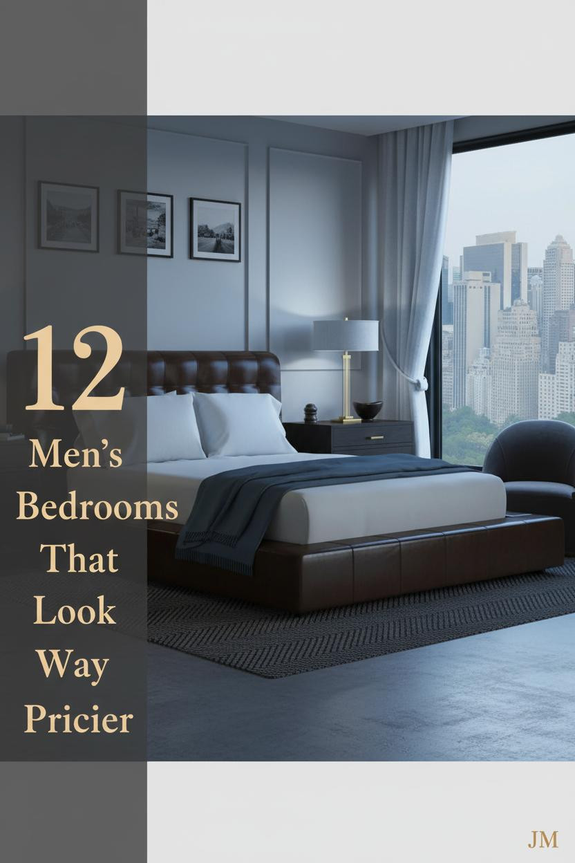 Masculine bedroom with stone grey board-and-batten wall, concrete floors, charcoal rug, cream bedding, steel blue throw, and sculptural lamp