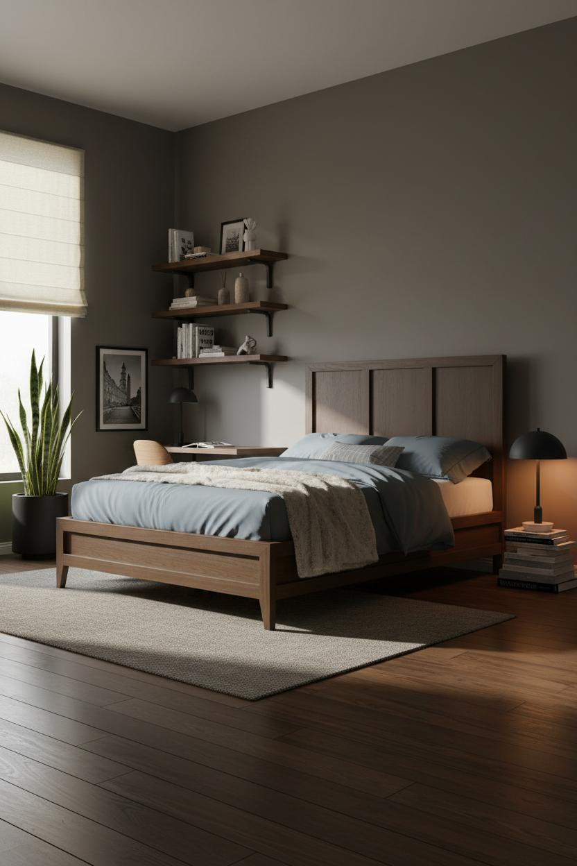 Mens Bedroom Japandi Walnut Shelving Design