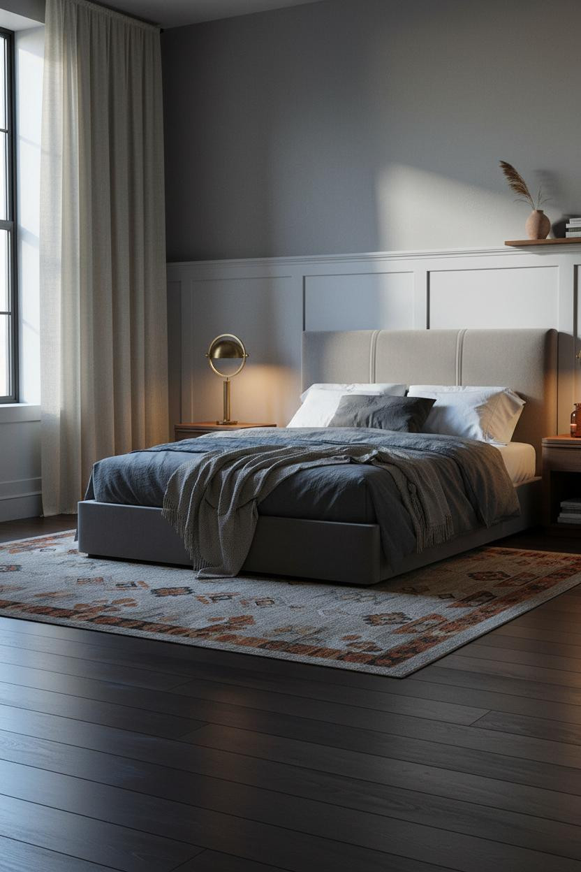 Mens Bedroom Minimalist Wainscoting Walnut