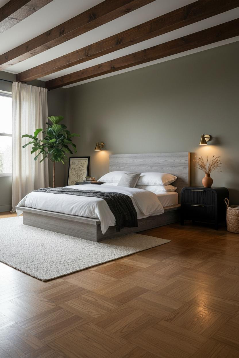 Mens Bedroom Rustic Wood Beams Olive