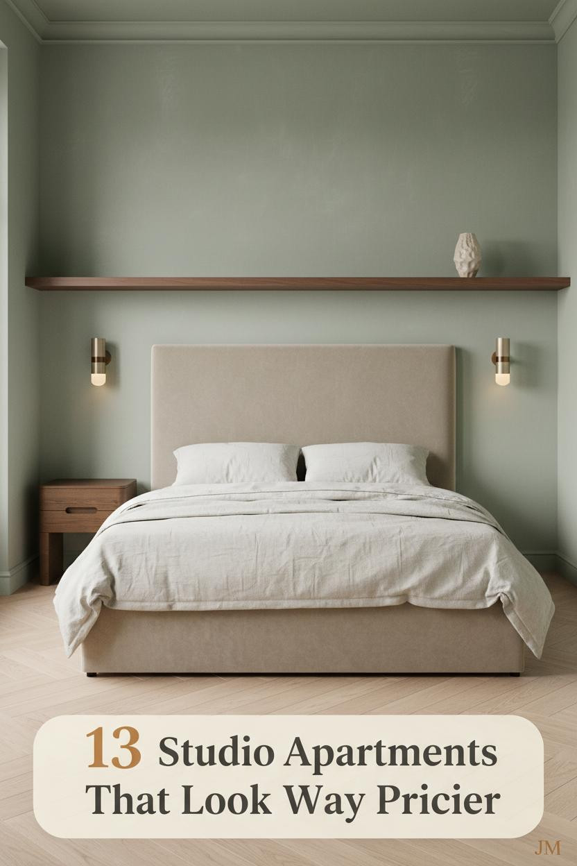 Compact studio sleeping zone with sage green limewash wall, walnut floating shelf, warm sconces, and pale oak herringbone floor