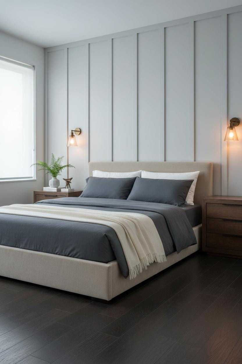 Minimalist Bedroom Dove Grey Board and Batten Sconces