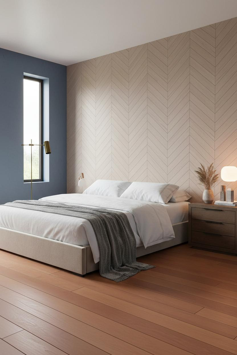 Minimalist Bedroom Herringbone Wood Wall