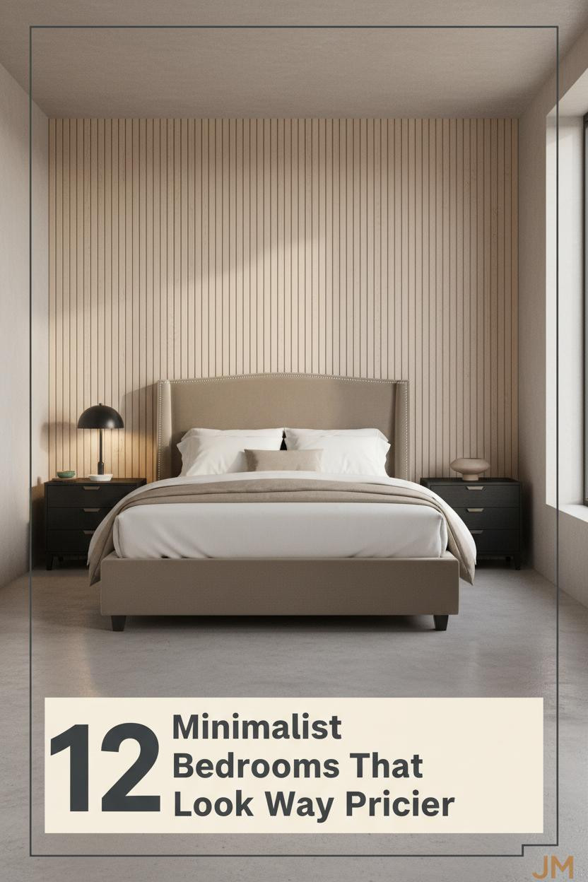 Japandi minimalist bedroom with pale ash slat wall, concrete floor, cream linen bedding, black oak nightstand and ceramic vessel in warm diffused light