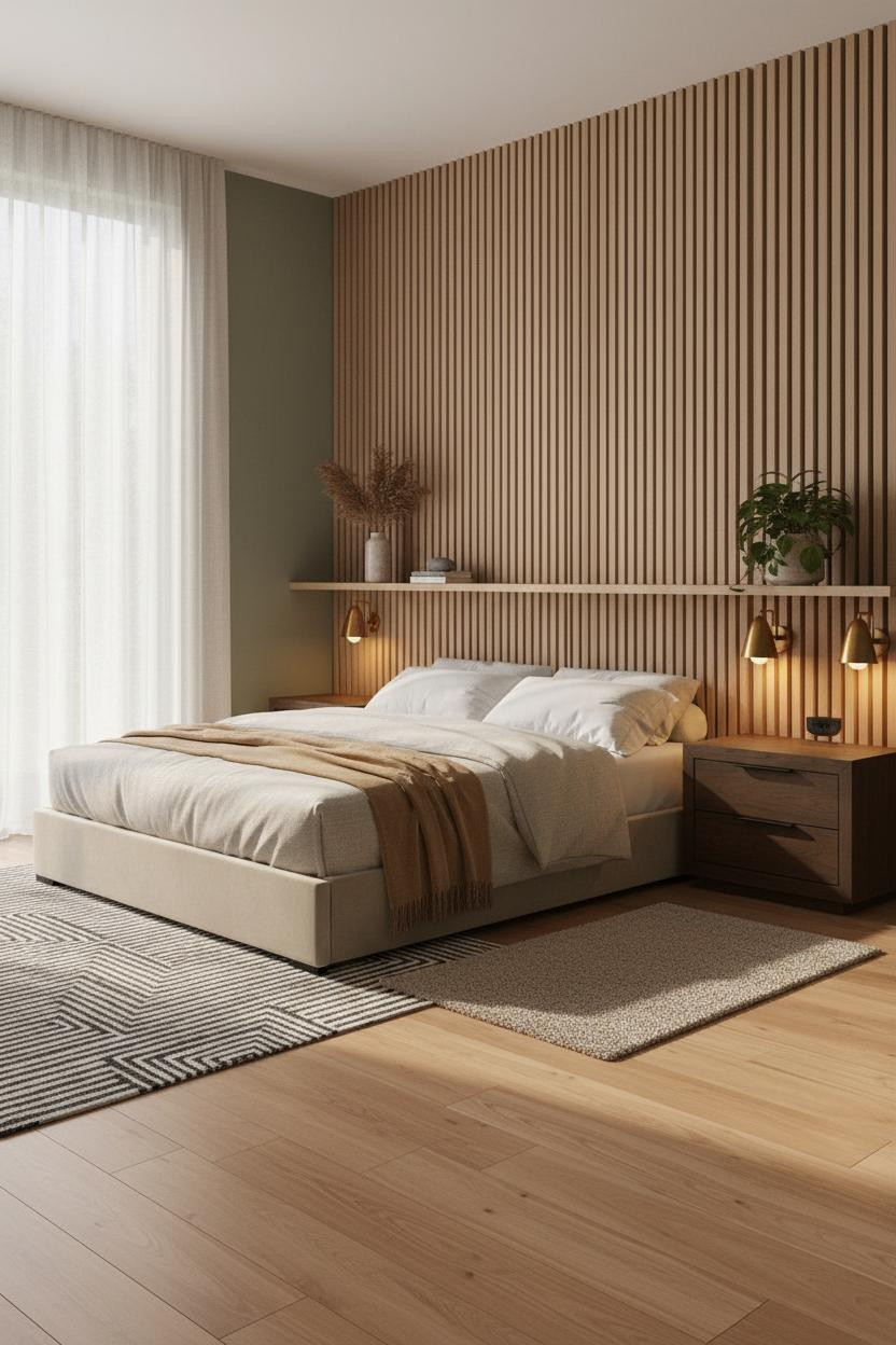 Minimalist Bedroom Loft Design Oak Slat Walls
