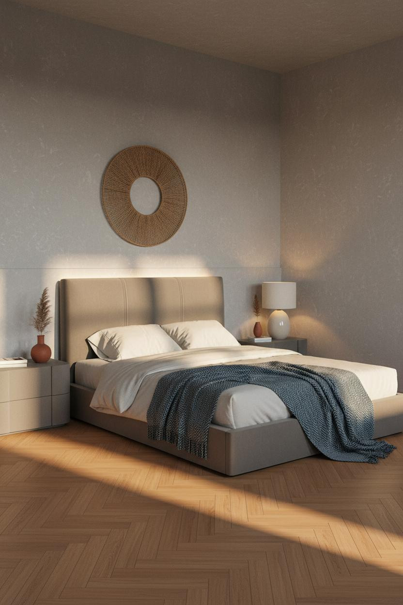 Minimalist Bedroom Warm Plaster Accent Wall