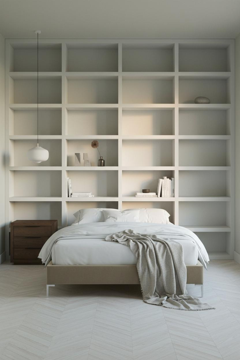 Minimalist Bedroom White Shelving Natural Light