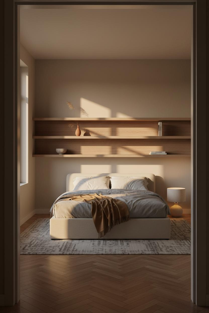 Minimalist Bedroom Warm Wood Shelving