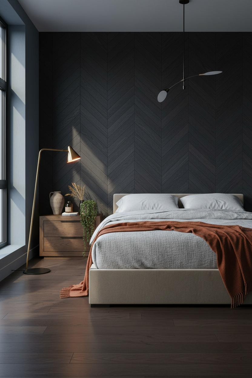 Minimalist Loft Bedroom Herringbone Wood Accent