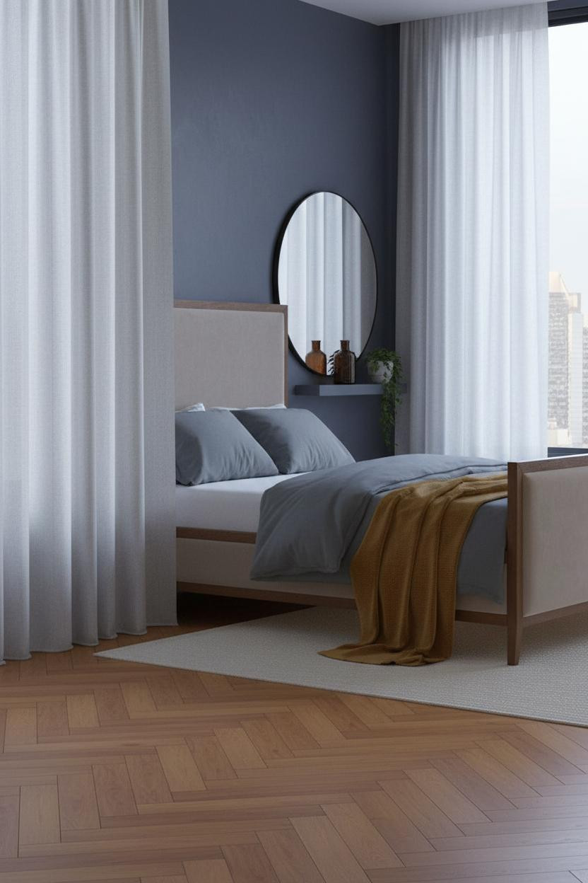 Minimalist Loft Bedroom Design With Indigo Walls And Linen