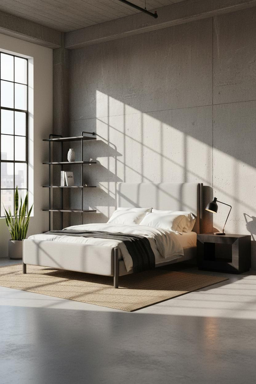 Minimalist Loft Bedroom Industrial Design With Large Windows