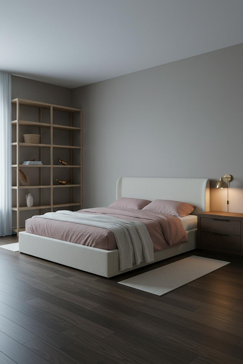 Minimalist Loft Bedroom Oak Shelves Brass