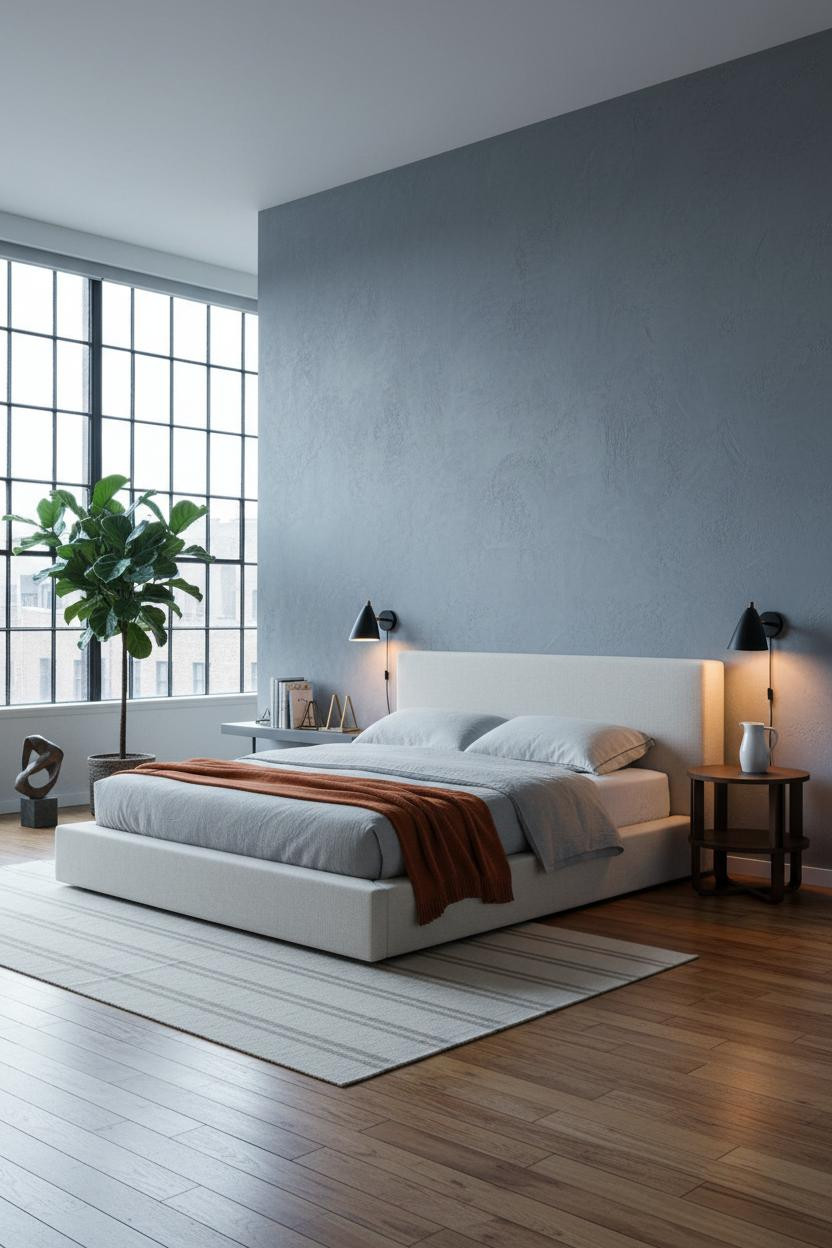 Minimalist Loft Bedroom Coastal Modern Design With Plaster Head Wall