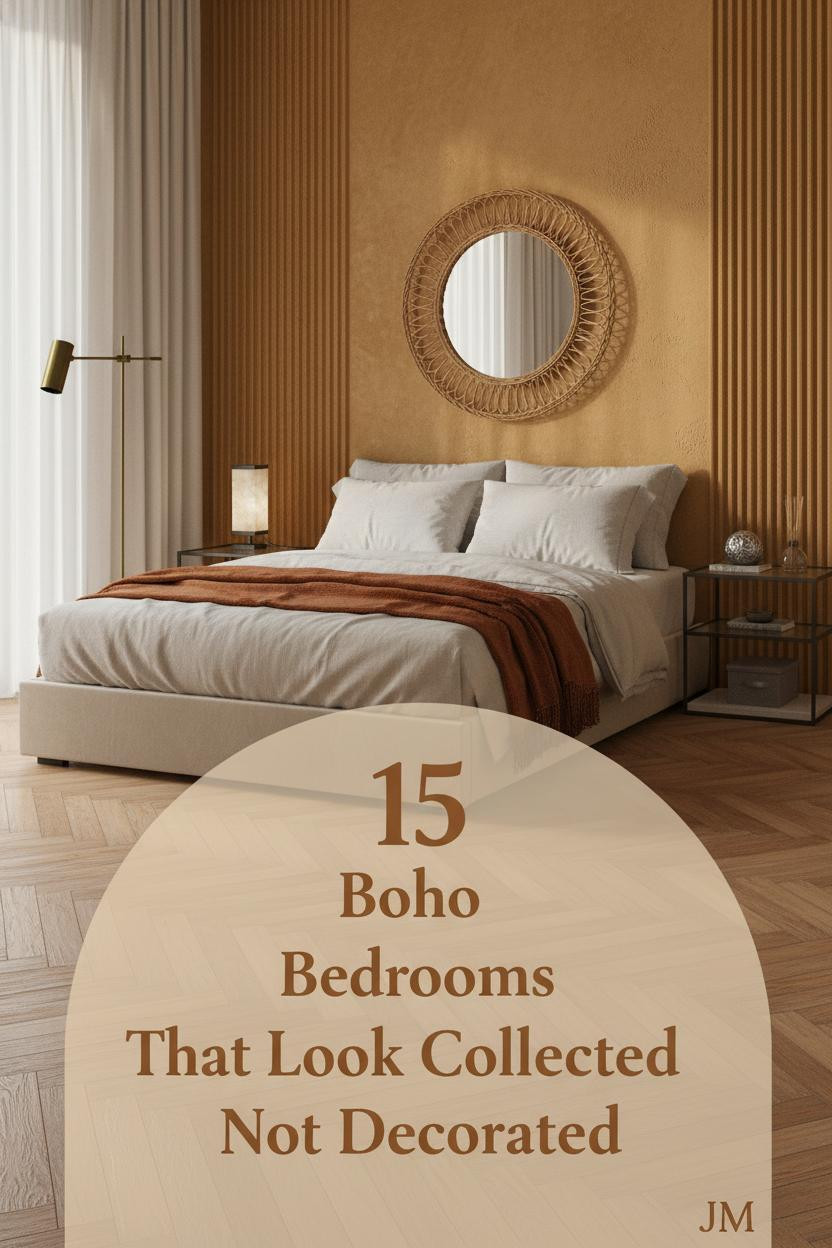 Ochre plaster accent wall bedroom with oatmeal linen bedding, rust throw, rattan mirror, herringbone parquet, warm afternoon light