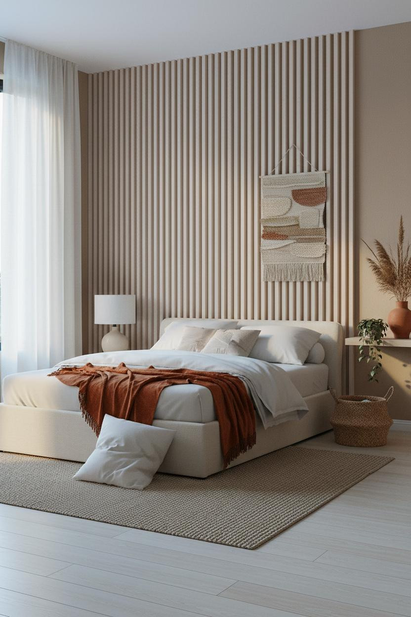 Modern Boho Bedroom Slatted Accent Wall