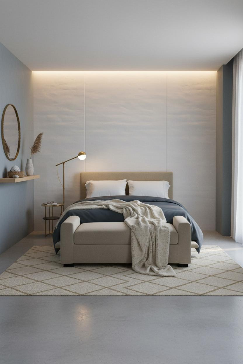 Modern Coastal Bedroom Backlit Headboard Neutral
