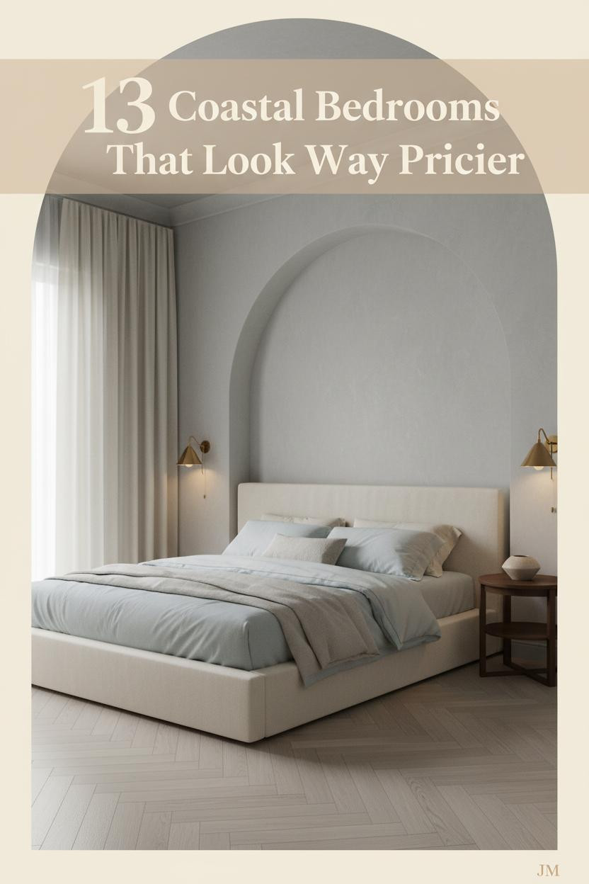 Coastal bedroom with arched plaster niche, bleached herringbone oak floors, pale blue-grey linen bedding, brass sconce, and ivory curtains