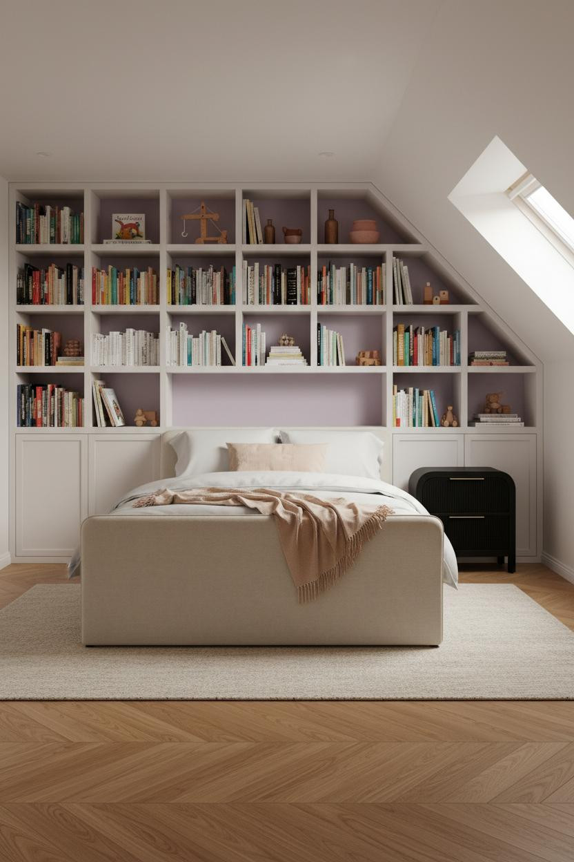 Modern Kids Bedroom Attic Storage With Built In Bookshelf