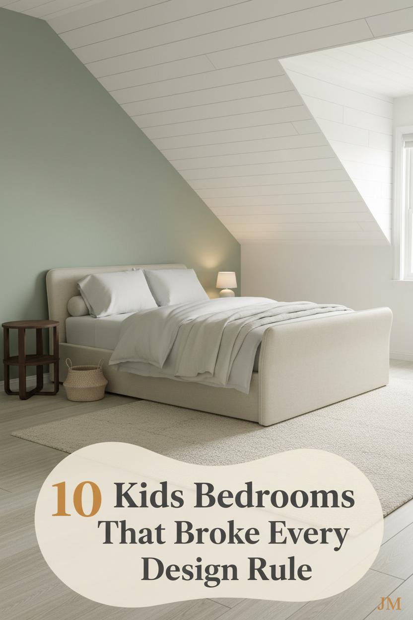Attic kids bedroom with white shiplap ceiling, sage green accent wall, bleached pine floors, ivory bedding, and soft morning light