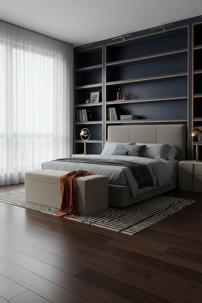Modern Luxury Bedroom Navy Shelving Design
