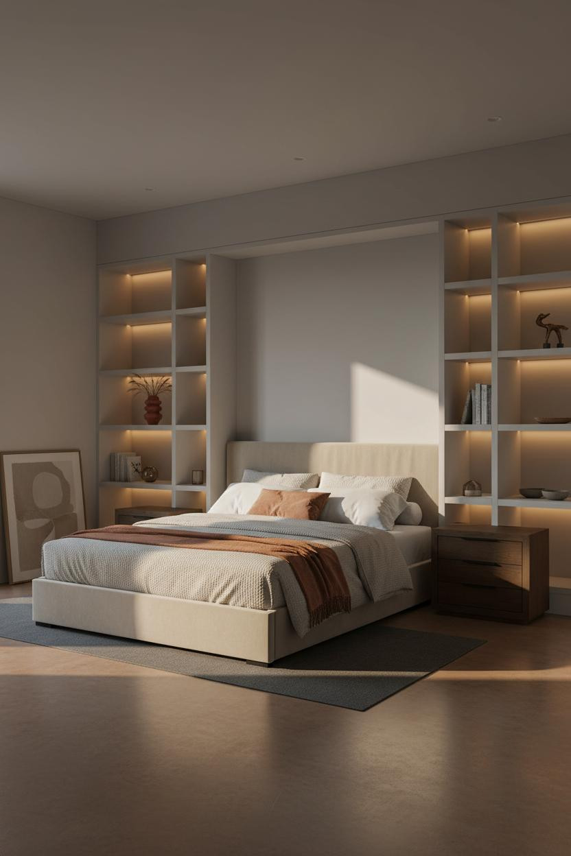 Modern Minimalist Bedroom Built In Shelving