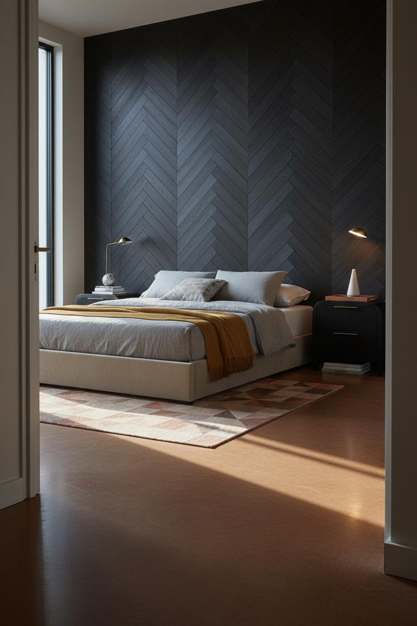 Modern Minimalist Bedroom Herringbone Wall