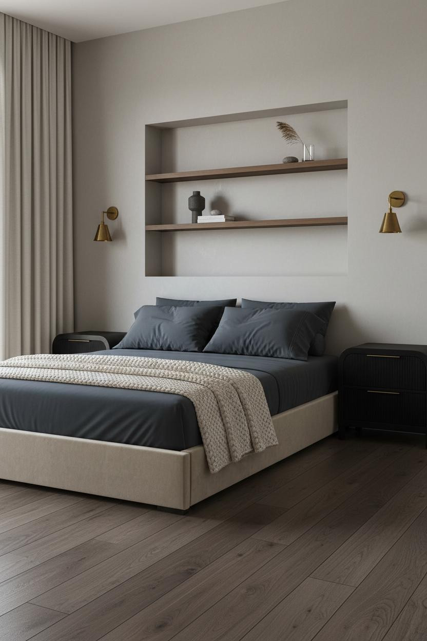 Modern Minimalist Bedroom Walnut Shelving